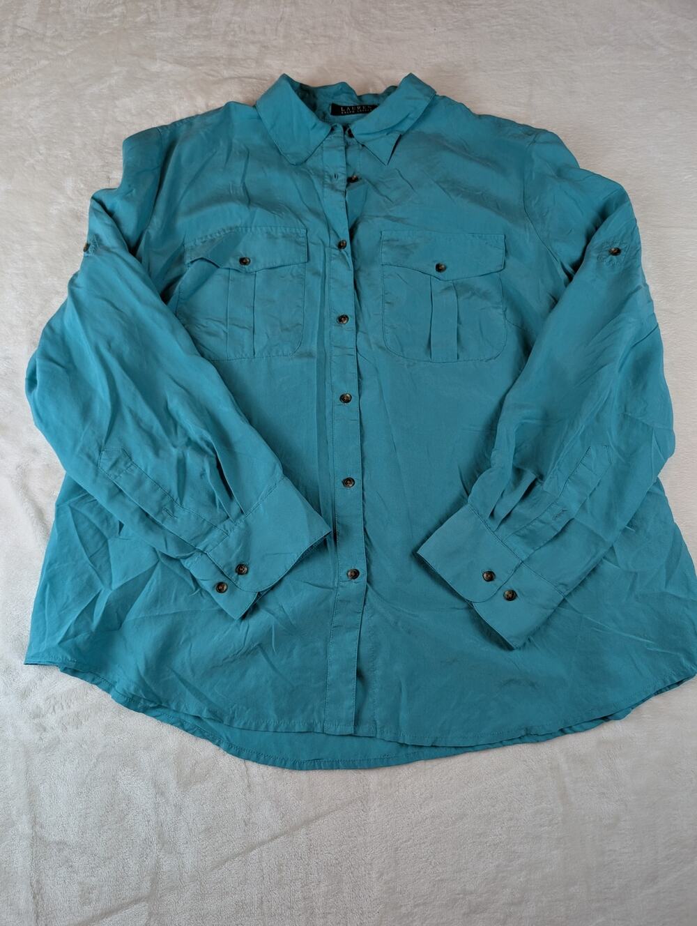 Lauren Ralph Lauren 100% Silk Safari Button Shirt Women's 1X Blue Plus Size
